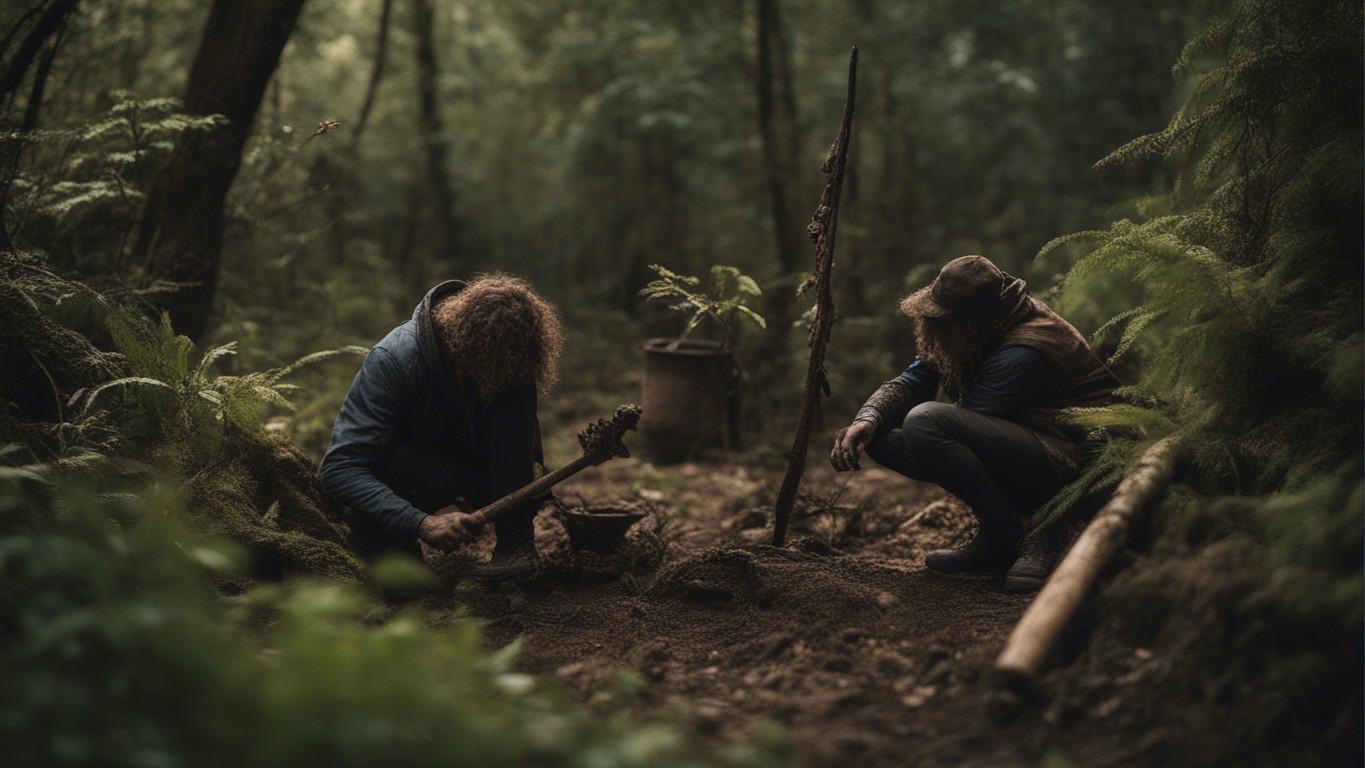 dusk. telephoto lens, 2 distant feral humans, partially covered in dirt and dry mud, crouching with primitive tools